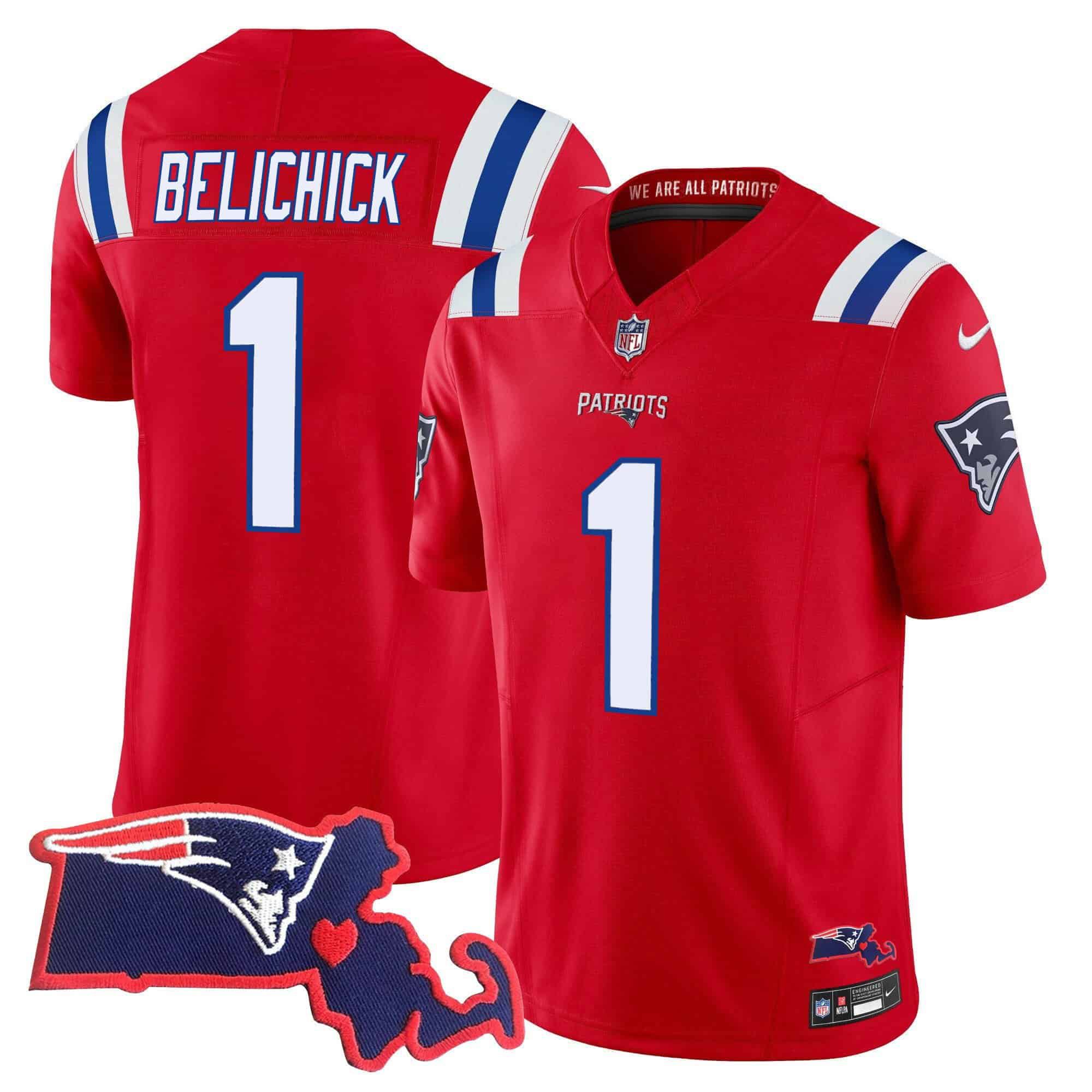 Men New England Patriots #1 Belichick Red 2024 Nike Patch Vapor Limited NFL Jersey